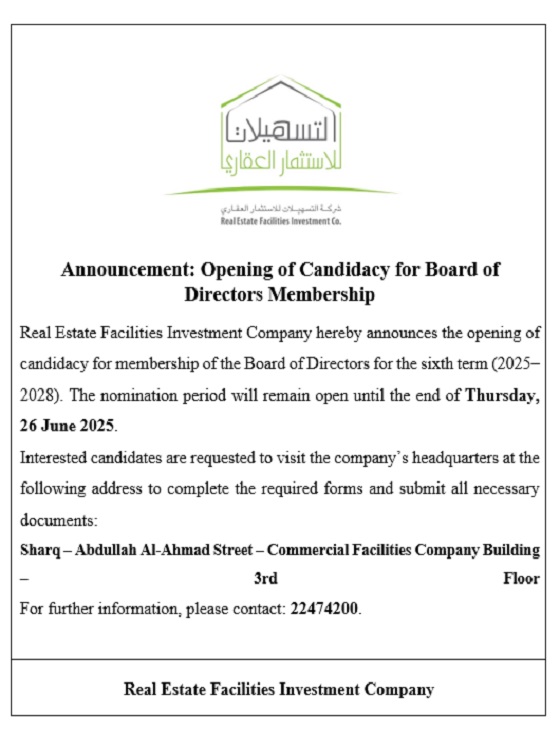 Announcement: Opening of Candidacy for Board of Directors Membership